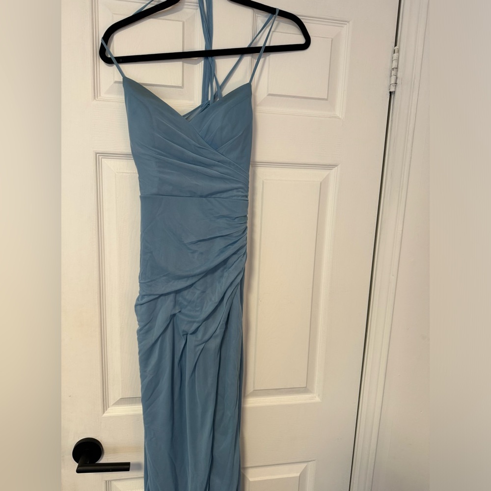 Azazie mermaid v-neck pleated mesh floor length dress- steel blue - Picture 3 of 5